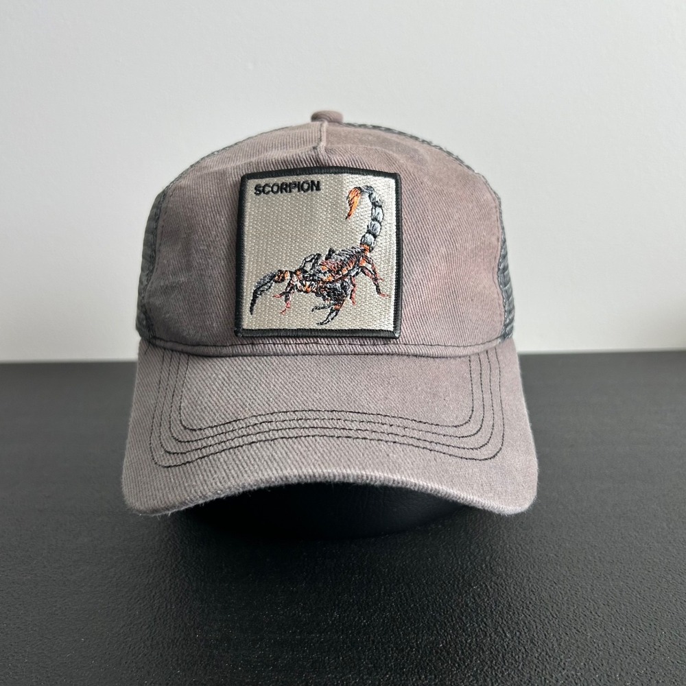 Vintage Scorpion Trucker Hat Cap Snap Back Adjustable Faded Gray Patch Adult
